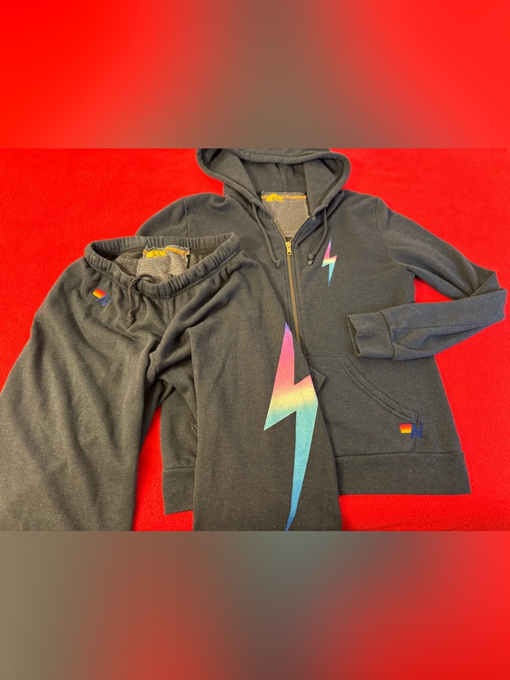 Aviator Nation Women's Lightning Bolt Hoodie & Track Pants Set, Dark Gray Size S